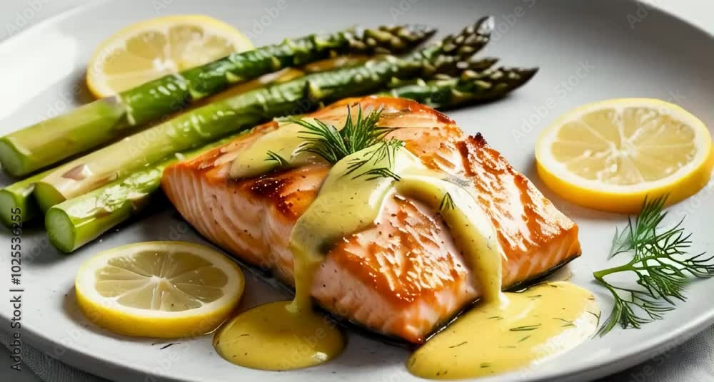 The salmon fillet has a golden, crispy crust with delicate grill marks, surrounded by tender, vibrant green asparagus spears The salmon fillet has a golden, crispy crust with delicate grill marks, surrounded by tender, vibrant green asparagus spears