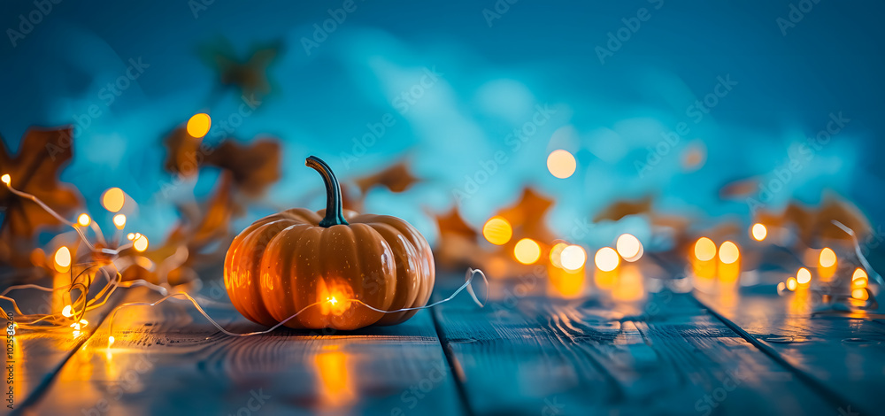 Fototapeta premium Glowing jack-o'-lanterns on a wooden deck with a dreamy bokeh background. Perfect for Halloween themes, autumn vibes, festive designs, and spooky seasonal decorations