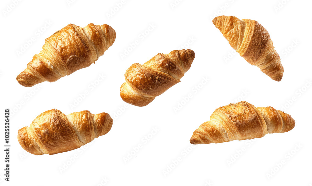 French baguette and croissant falling on transparent background French baguette and croissant falling on transparent background