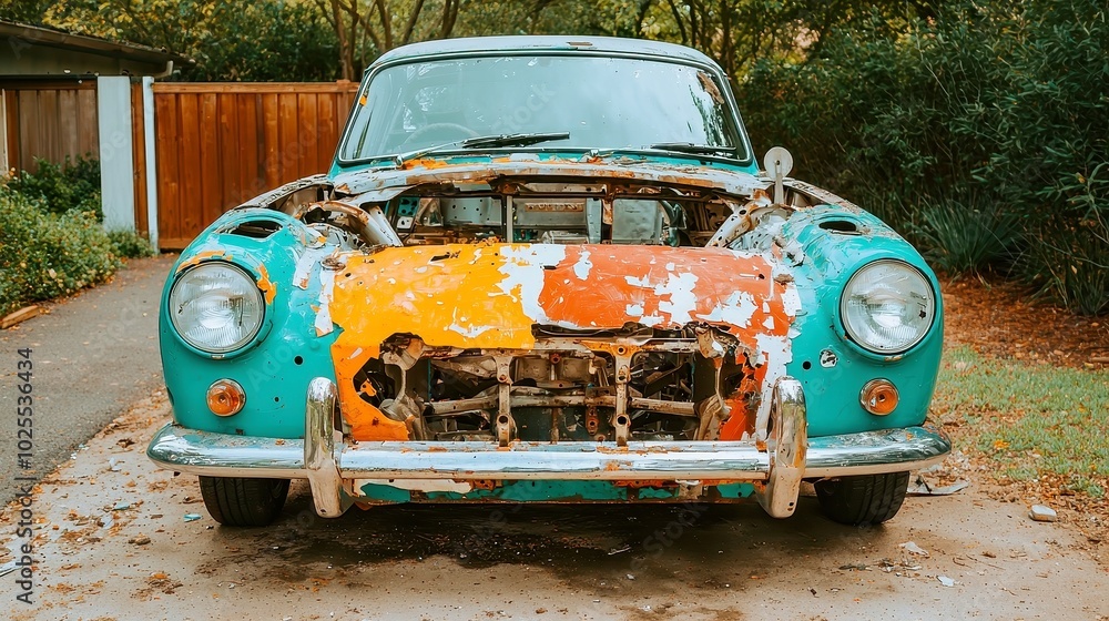 Disassembled Car Frame in Urban Ruins, a striking display of industrial decay, showcasing rusted metal and broken structures against a backdrop of desolation and grit Disassembled Car Frame in Urban Ruins, a striking display of industrial decay, showcasing rusted metal and broken structures against a backdrop of desolation and grit