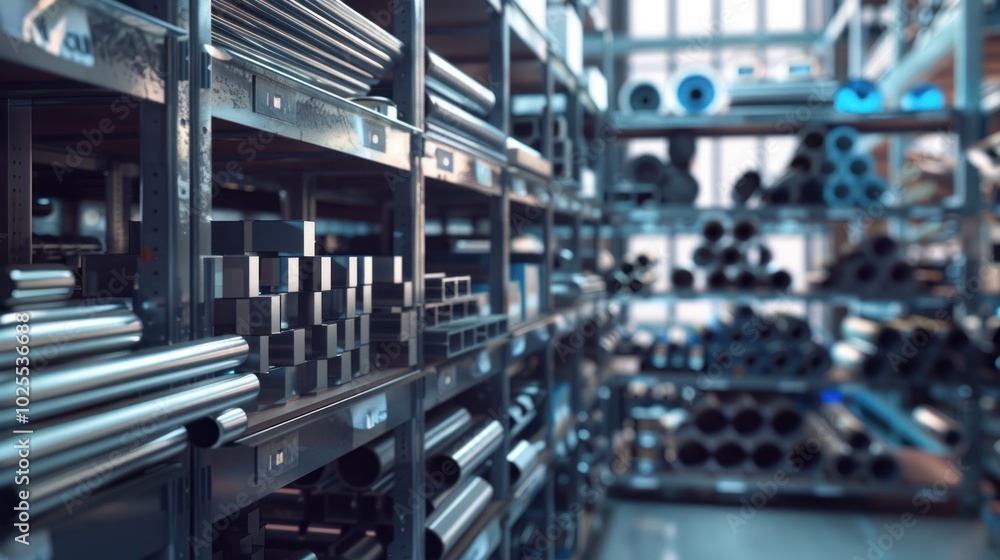 Metal Pipes and Bars Organized on Shelves in a Warehouse Metal Pipes and Bars Organized on Shelves in a Warehouse