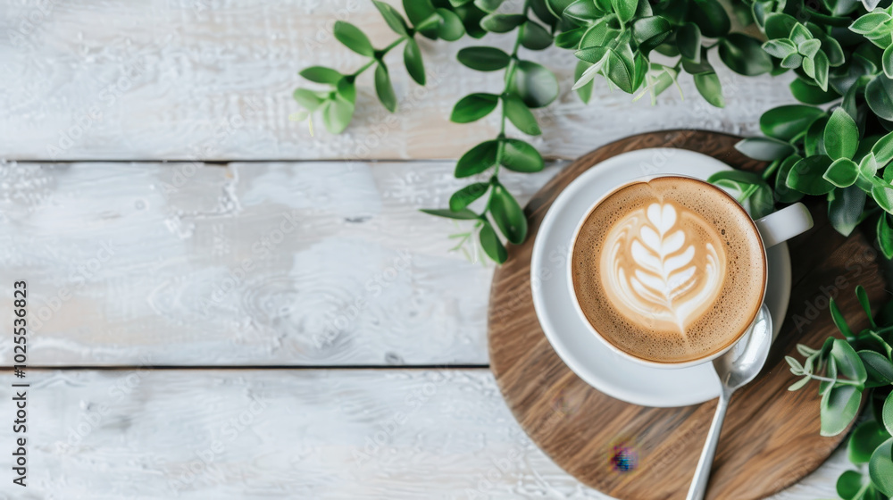 heart and leaf latte art served in white cup on wooden board, surrounded by lush green plants, creates cozy and inviting atmosphere perfect for coffee lovers heart and leaf latte art served in white cup on wooden board, surrounded by lush green plants, creates cozy and inviting atmosphere perfect for coffee lovers