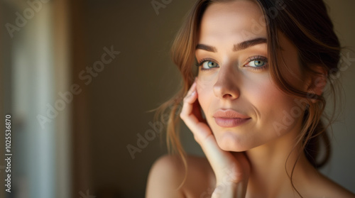 A woman posing with her chin in her hand and looking at the camera. Illuminated by natural light, highlighting her radiant skin. Flawless complexion. Skin care and natural cosmetics. 