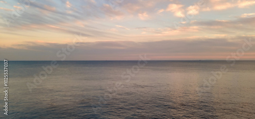 Beautiful Sea View of Haeundae during a colorful sunset, in Busan, South Korea, creating a peaceful and beautiful horizon