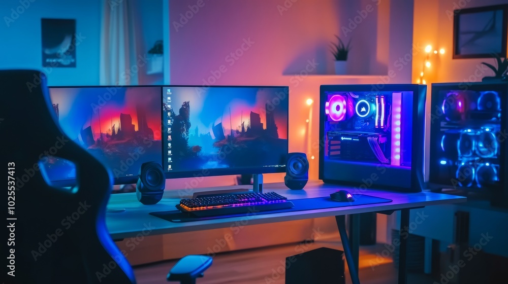 A professional gaming setup with a powerful computer, glowing with RGB lights, and three monitors arranged neatly on a minimalist desk A professional gaming setup with a powerful computer, glowing with RGB lights, and three monitors arranged neatly on a minimalist desk