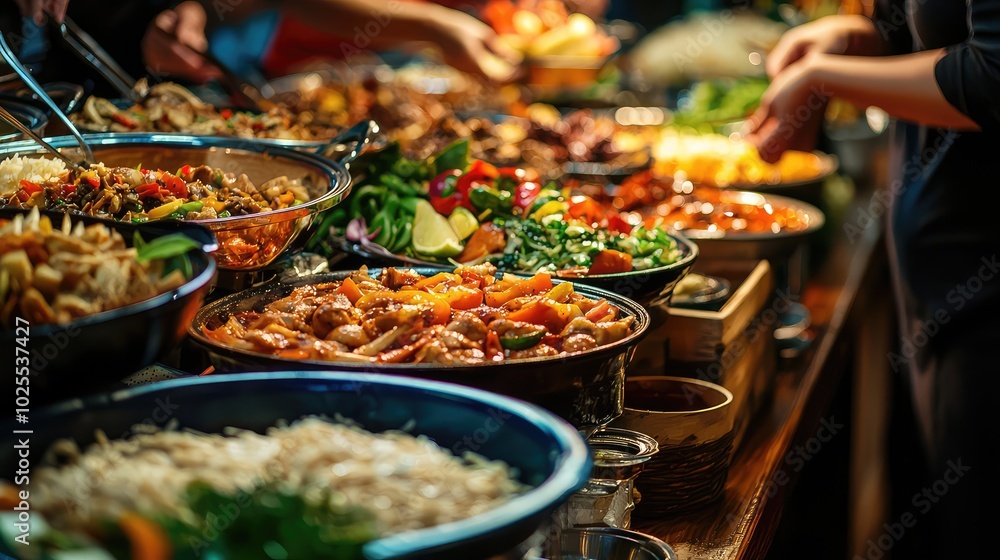 Obraz premium Lively Buffet Table Filled with Delicious Dishes