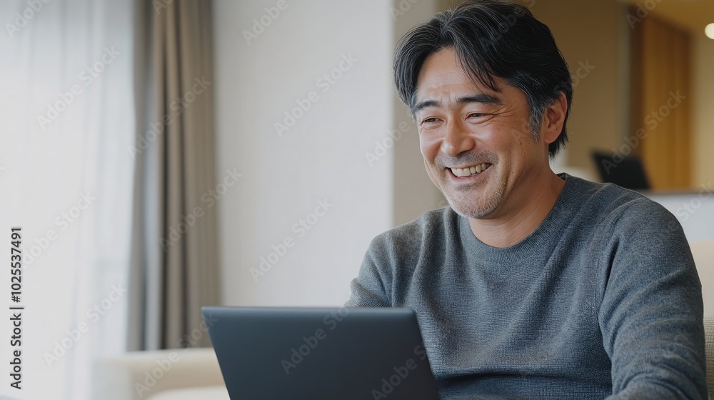 A middle-aged man sitting on a couch in a living room, smiling as he looks at his laptop. A middle-aged man sitting on a couch in a living room, smiling as he looks at his laptop.