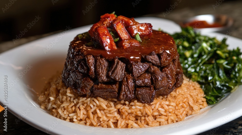 Savory Beef Dish Served with Rice and Greens Savory Beef Dish Served with Rice and Greens
