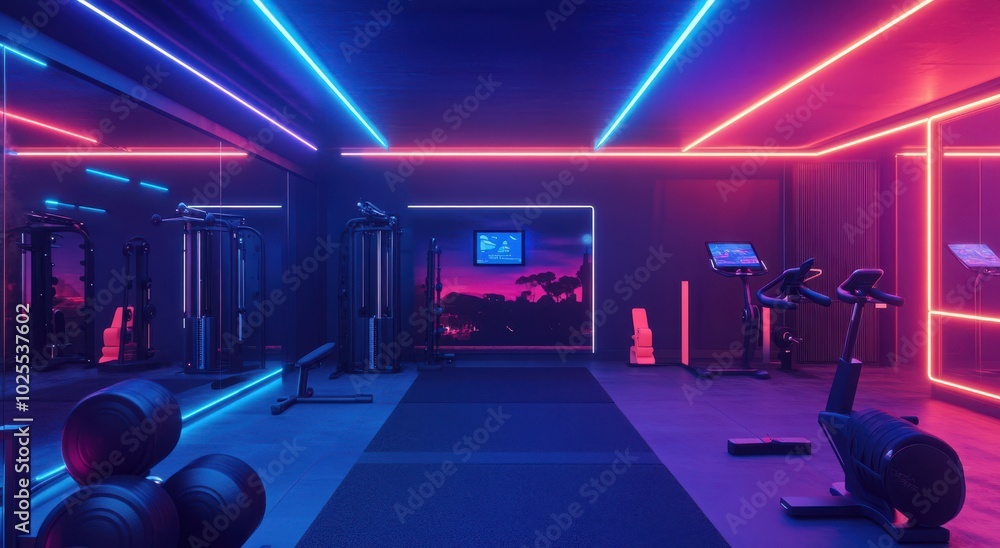 Vibrant modern gym with neon lights and workout equipment, creating a futuristic ambiance. Vibrant modern gym with neon lights and workout equipment, creating a futuristic ambiance.