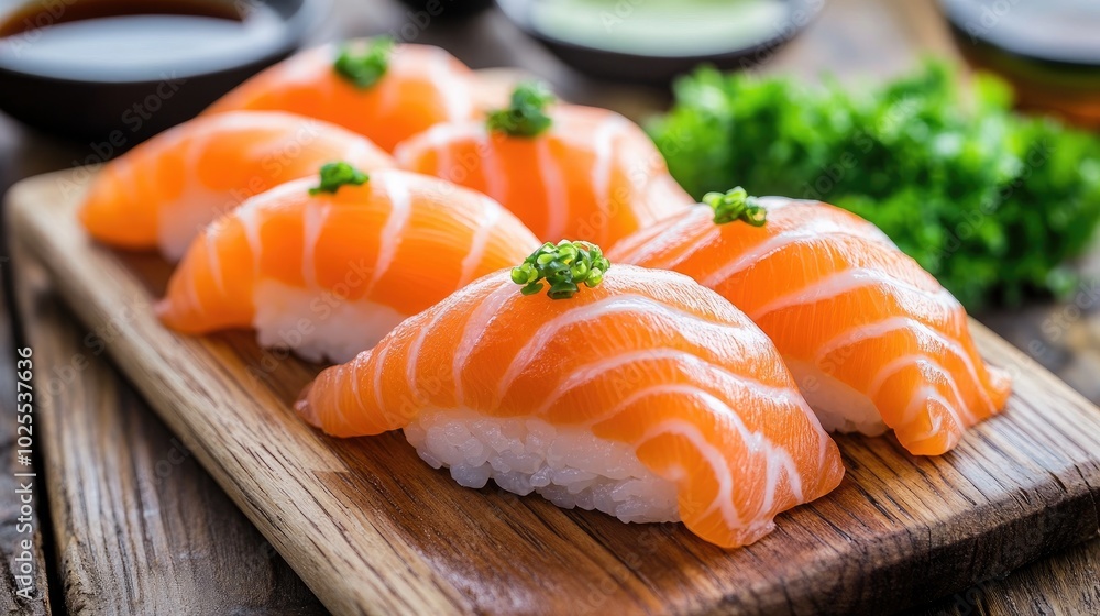 Fresh Sushi on Wooden Platter with Green Garnish Fresh Sushi on Wooden Platter with Green Garnish