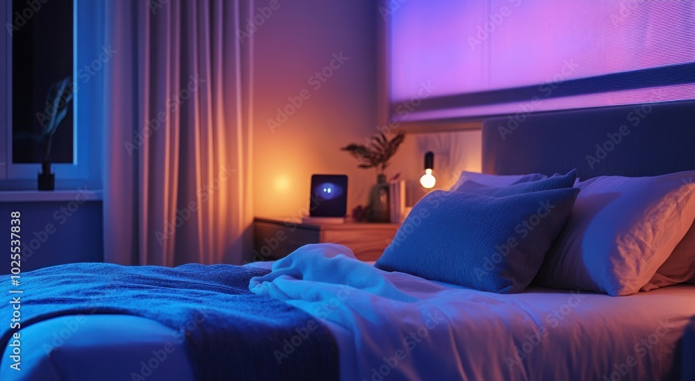 Cozy modern bedroom with ambient lighting creating a serene atmosphere. Cozy modern bedroom with ambient lighting creating a serene atmosphere.
