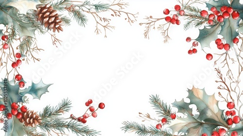 Christmas background with holly, pine branches, and berries in a festive holiday frame