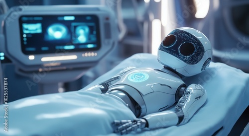 Futuristic robot lying on a hospital bed in a high-tech medical facility.