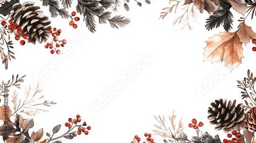 Christmas background with holly, pine branches, and berries in a festive holiday frame