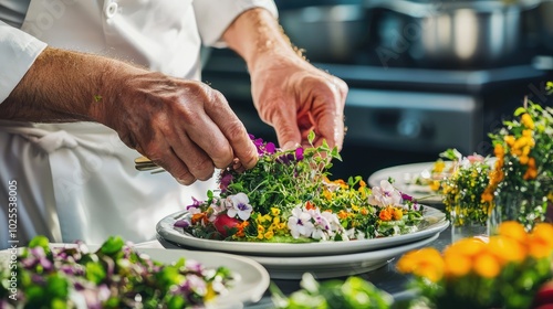 Chef Garnishing Plant-Based Entree with Fresh Ingredients