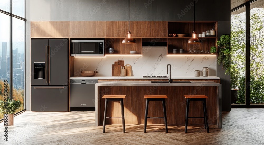 Modern kitchen with wooden cabinetry and sleek design, featuring a spacious island and city view. Modern kitchen with wooden cabinetry and sleek design, featuring a spacious island and city view.