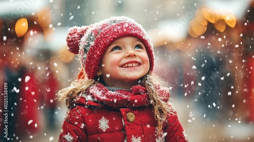 Joyful Little Girl in Red Outfit Enjoying Snowfall