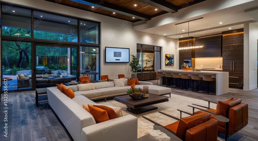 Modern open-concept living room with warm lighting, stylish furniture, and a view of the garden through large glass doors. Modern open-concept living room with warm lighting, stylish furniture, and a view of the garden through large glass doors.