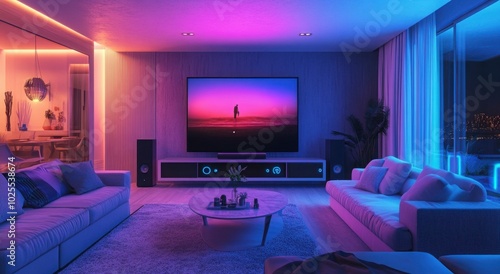 Modern living room with ambient neon lighting and large TV screen.