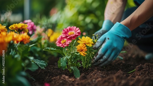 Close-Up of Hands Planting Colorful Flowers in Garden