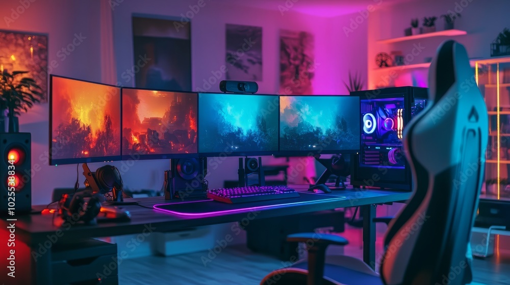 High-angle shot of a futuristic gaming desk with three monitors, RGB lighting casting colorful hues over the entire setup. High-angle shot of a futuristic gaming desk with three monitors, RGB lighting casting colorful hues over the entire setup.