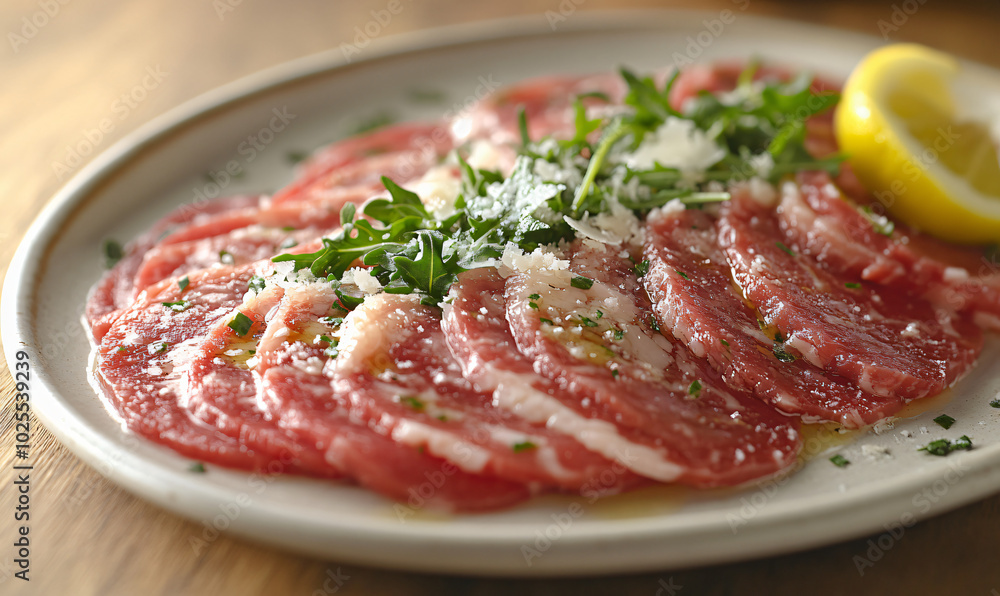 Beef carpaccio with olive oil, lemon, arugula, and shaved Parmesan Beef carpaccio with olive oil, lemon, arugula, and shaved Parmesan