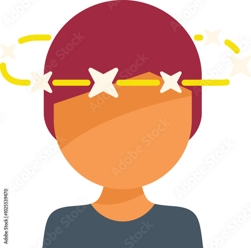 Illustration of a young man feeling dizzy with stars spinning around head, concept of dizziness, vertigo, headache or health problem