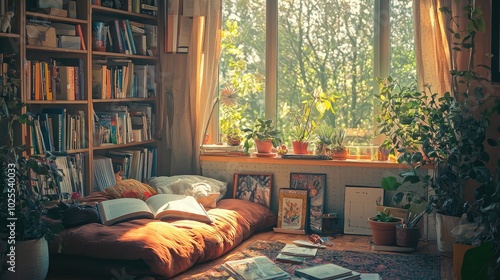 Cozy Reading Nook Filled with Books and Plants