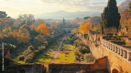 A panoramic view of an ancient Roman garden, with lush greenery and the ruins of a wall in the foreground, and a cityscape in the distance. photo