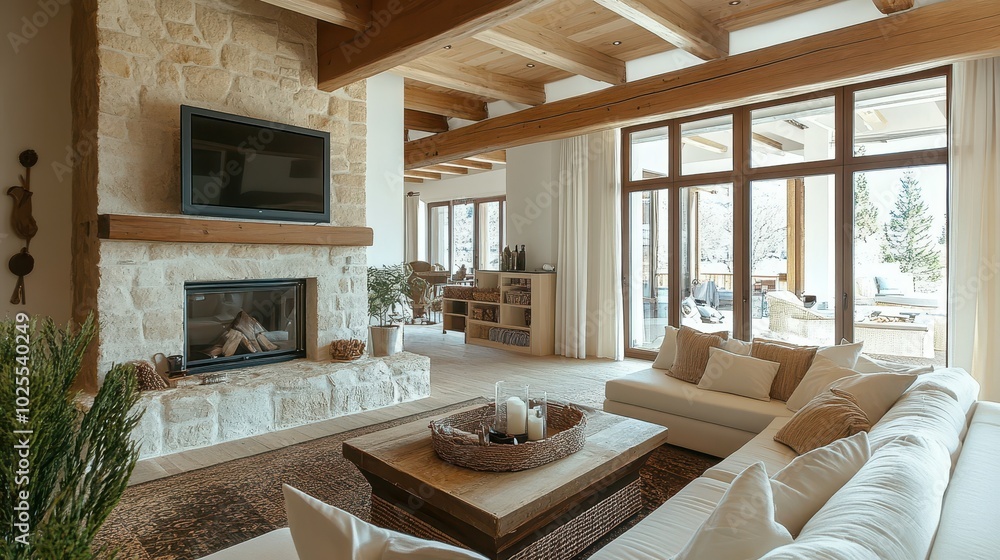 Luxurious Living Room with Stone Fireplace and White Sofa Luxurious Living Room with Stone Fireplace and White Sofa