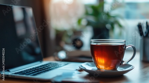 Tranquil Tea Moment Beside a Laptop