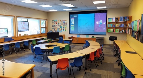Bright, colorful modern classroom with interactive smartboard and flexible seating arrangements.