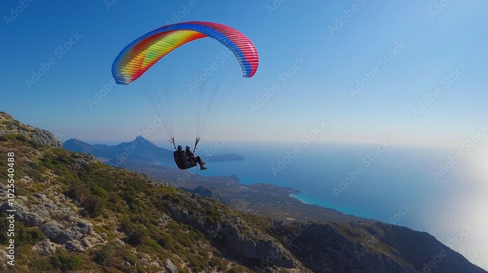 A paraglider soars through the sky over a mountain range and the Mediterranean Sea. A paraglider soars through the sky over a mountain range and the Mediterranean Sea.