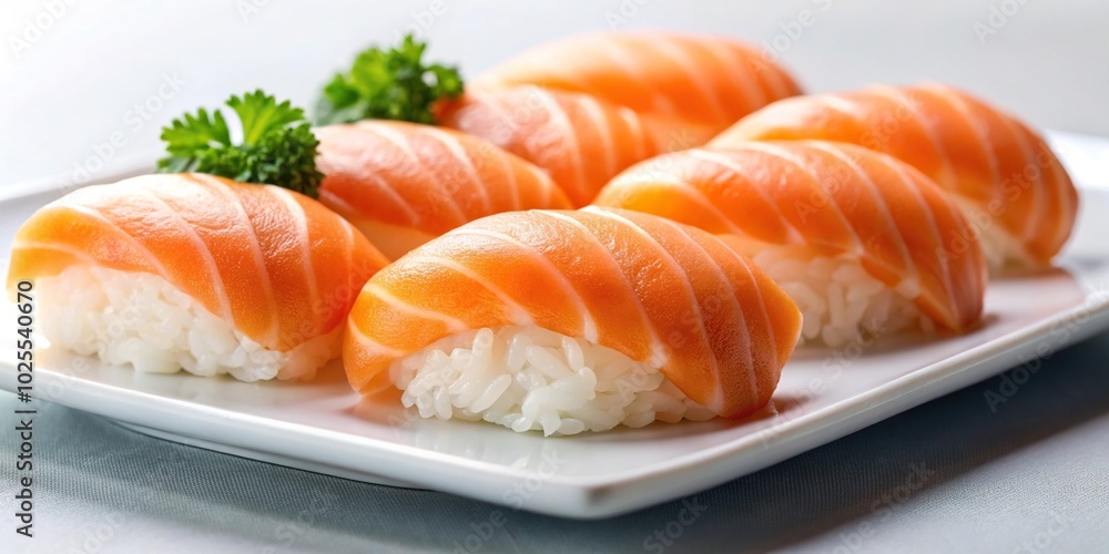 Delicious salmon nigiri sushi arranged creatively on white plate Delicious salmon nigiri sushi arranged creatively on white plate