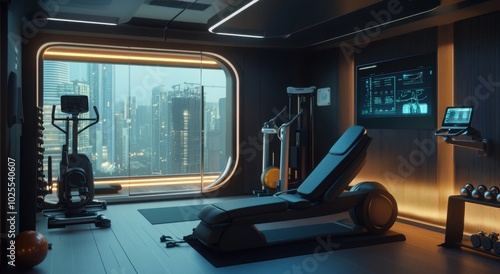 Futuristic gym with advanced equipment and city skyline view.