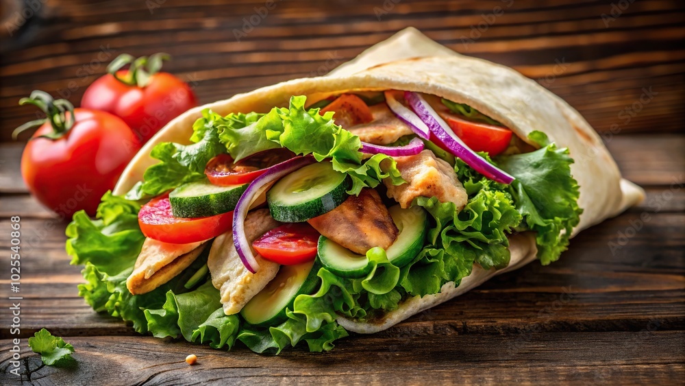 Delicious shawarma made with grilled chicken, tomatoes, pickled cucumber, fried onion, lettuce, and pita bread Delicious shawarma made with grilled chicken, tomatoes, pickled cucumber, fried onion, lettuce, and pita bread