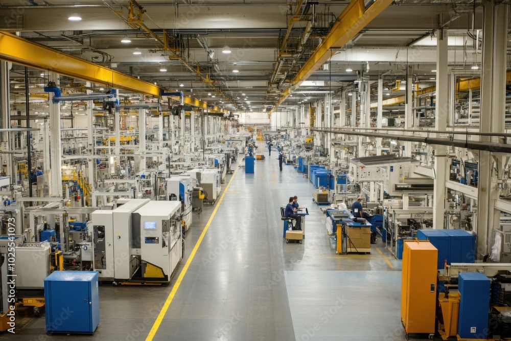 Spacious factory floor with advanced machinery and workers Spacious factory floor with advanced machinery and workers