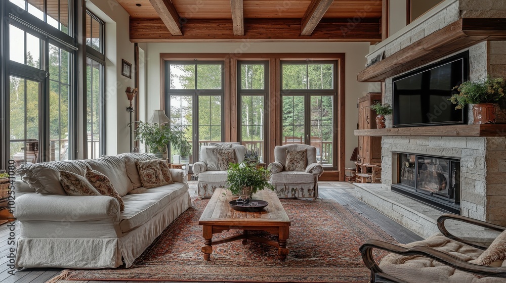 Fototapeta premium Cozy Living Room with Fireplace and Large Windows