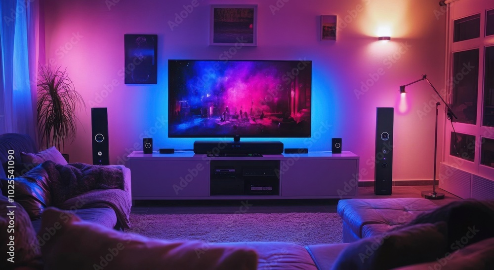 Modern living room with ambient lighting and a large TV displaying vivid colors, creating a cozy and inviting atmosphere. Modern living room with ambient lighting and a large TV displaying vivid colors, creating a cozy and inviting atmosphere.