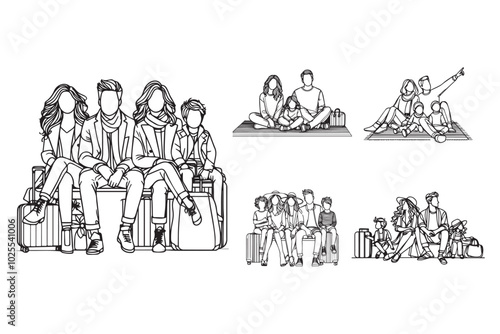 Line Art Cheerful Family Holiday Sitting Together Photo Art Black and White Illustration Hand Drawn Clipart