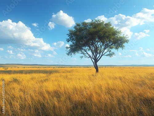 A lone tree stands tall in a vast field of golden grass under a bright blue sky.