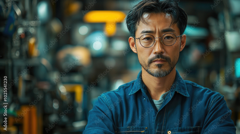 Confident Asian man in a workshop standing with folded arms in a serious pose Confident Asian man in a workshop standing with folded arms in a serious pose