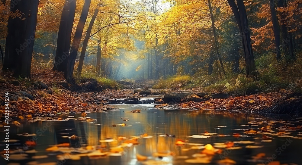 Obraz premium Serene autumn forest scene with a peaceful stream reflecting vibrant fall foliage.