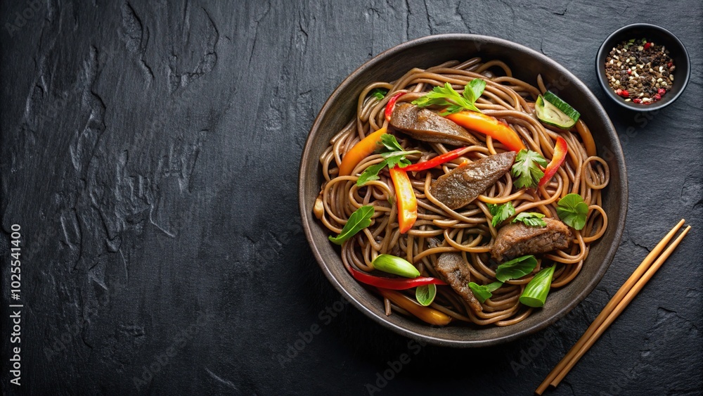 Delicious stir fry soba noodles with beef reflected on black background Delicious stir fry soba noodles with beef reflected on black background