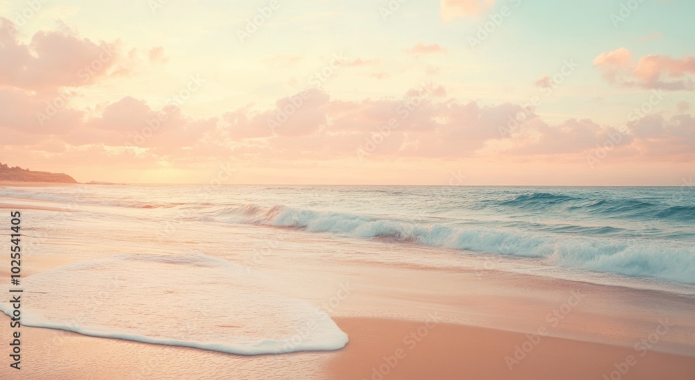 Peaceful beach at sunrise with soft pastel colors and gentle waves lapping onto the shore. Peaceful beach at sunrise with soft pastel colors and gentle waves lapping onto the shore.