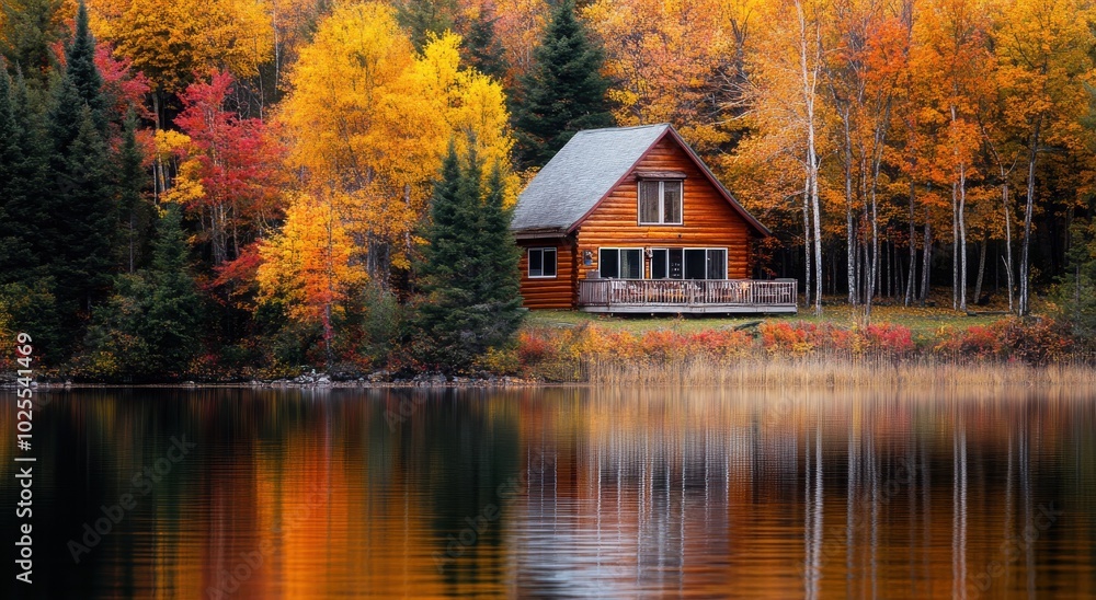 Charming wooden cabin by a tranquil lake, surrounded by vibrant autumn foliage in warm hues. Charming wooden cabin by a tranquil lake, surrounded by vibrant autumn foliage in warm hues.