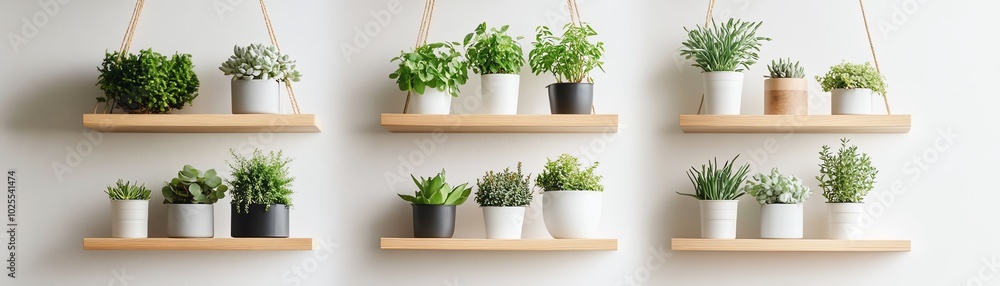 Minimalist home decor with potted plants on wooden shelves against a white wall, creating a serene and natural atmosphere indoors. Minimalist home decor with potted plants on wooden shelves against a white wall, creating a serene and natural atmosphere indoors.