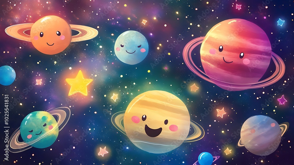 Whimsical Galaxy Theme with Smiling Planets and Stars Whimsical Galaxy Theme with Smiling Planets and Stars