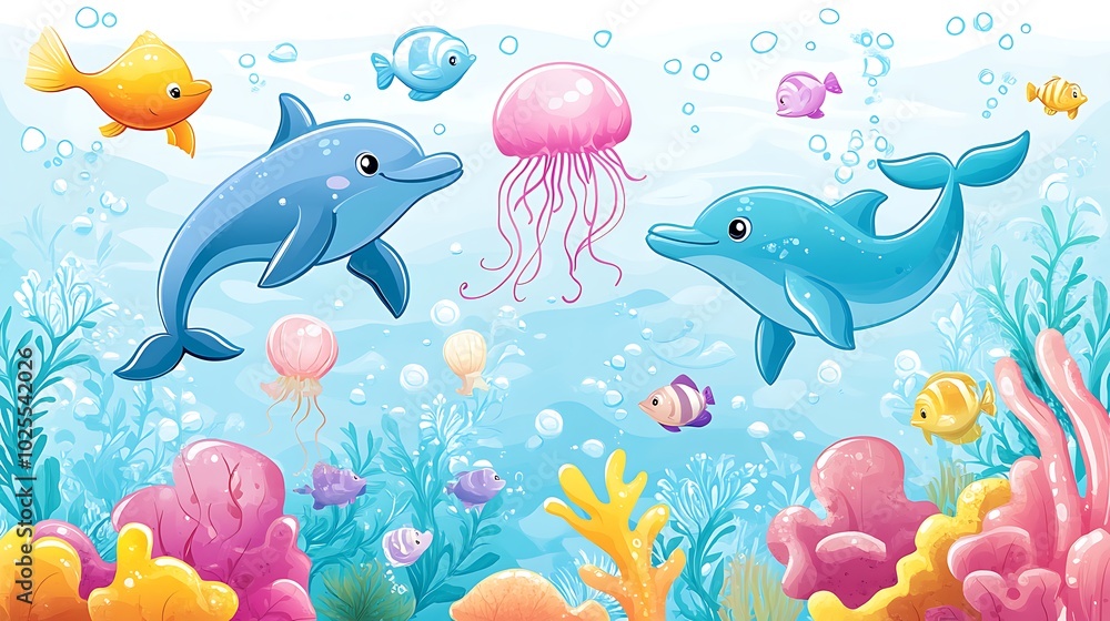 Playful Dolphins in Colorful Underwater Scene Playful Dolphins in Colorful Underwater Scene