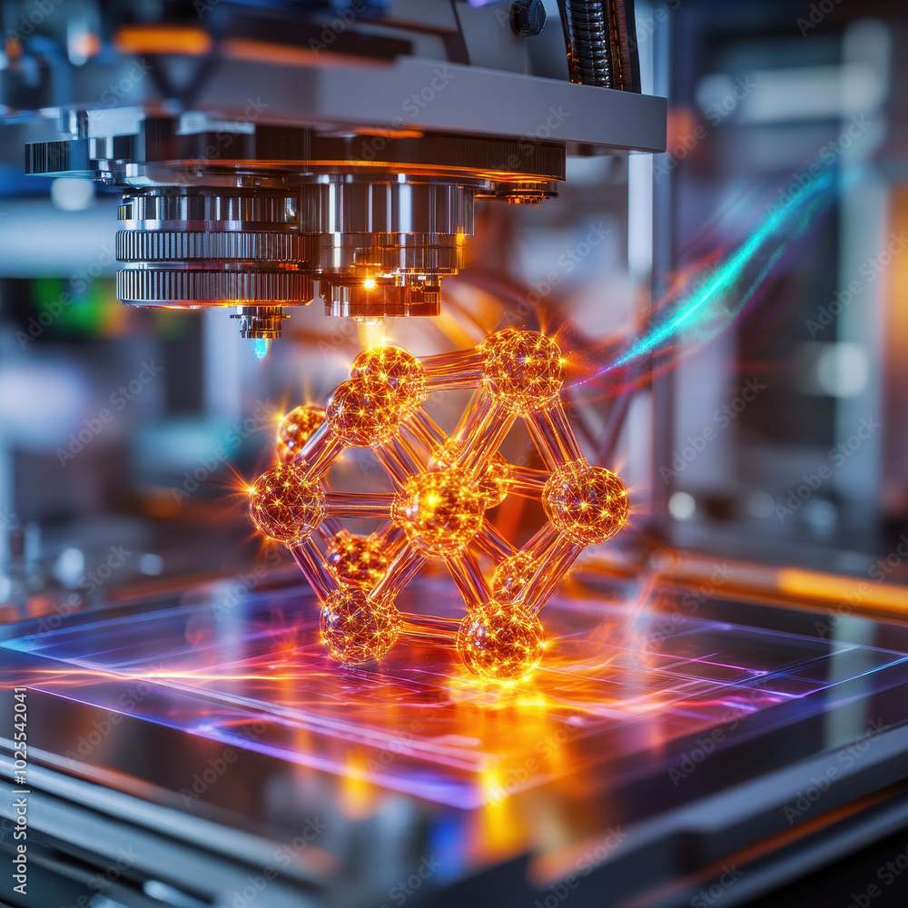 molecular structure being built in 3D printer, showcasing intricate details and vibrant colors. scene captures fusion of technology and science, evoking sense of innovation and creativity molecular structure being built in 3D printer, showcasing intricate details and vibrant colors. scene captures fusion of technology and science, evoking sense of innovation and creativity